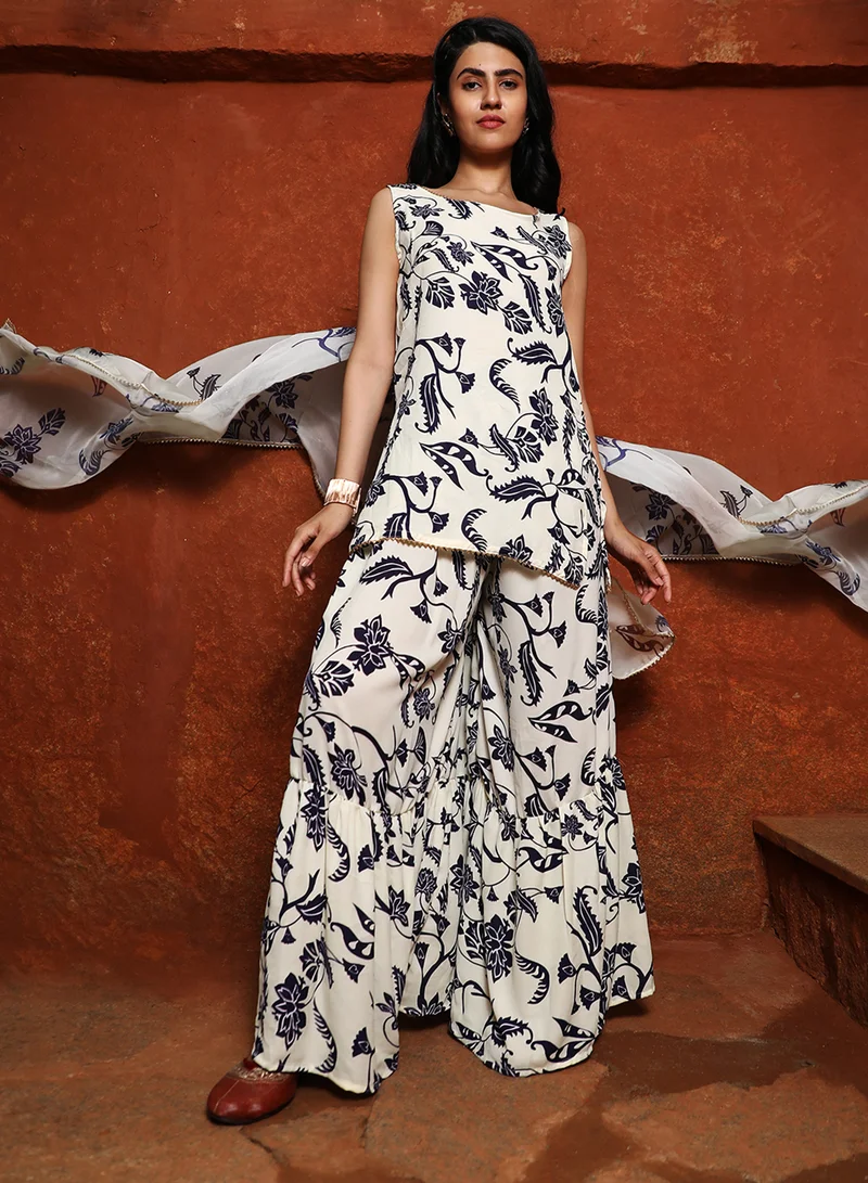  قصة Women's Ivory White Botanical Kurti And Sharara Set For Casual Wear | Round Neck | Sleeveless | 3 Piece Kurta Set Designed With Comfort Fit For Everyday Ethnic Wear